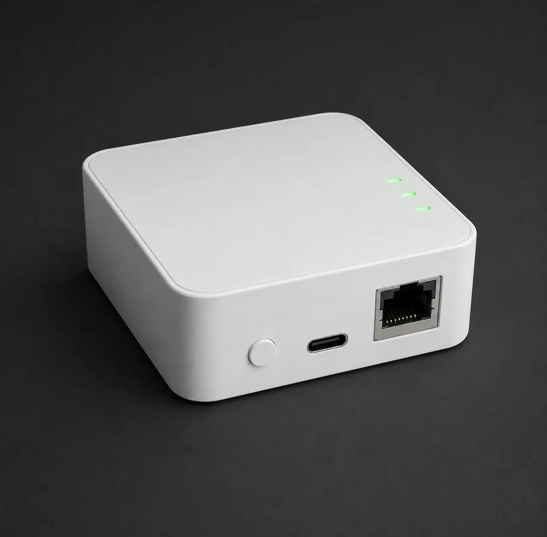 vploq device, small white box with an Ethernet port and USB-C
